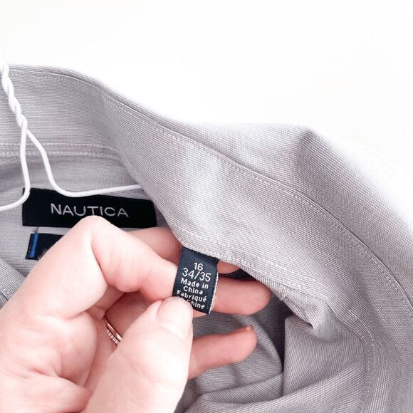 Nautica Mens Collared Classic Dress Shirt Button Long Sleeve Plain Gray Size 16 - Picture 4 of 8